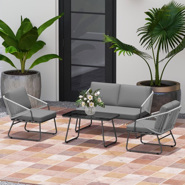 Outsunny 4 Piece Rattan Garden Furniture Set, Wicker Patio Outdoor Furniture Set with Loveseat, Glass Top Coffee Table for Patio, Balcony, Grey