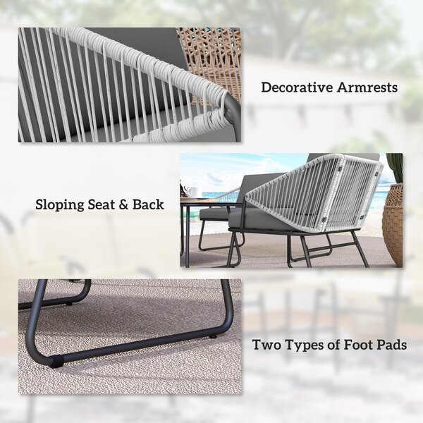 Outsunny 4 Piece Rattan Garden Furniture Set, Wicker Patio Outdoor Furniture Set with Loveseat, Glass Top Coffee Table for Patio, Balcony, Grey