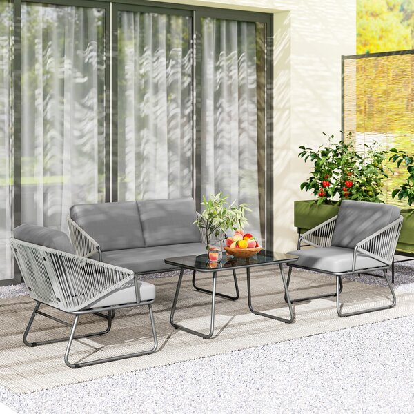 Outsunny 4 Piece Rattan Garden Furniture Set, Wicker Patio Outdoor Furniture Set with Loveseat, Glass Top Coffee Table for Patio, Balcony, Grey