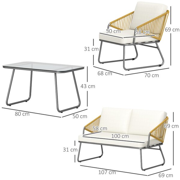 Outsunny 4 Piece Rattan Garden Furniture Set, Wicker Patio Outdoor Furniture Set with Armchairs, Cushions for Conservatory, Balcony, Natural Wood