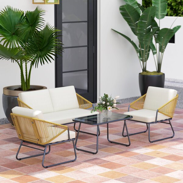 Outsunny 4 Piece Rattan Garden Furniture Set, Wicker Patio Outdoor Furniture Set with Armchairs, Cushions for Conservatory, Balcony, Natural Wood