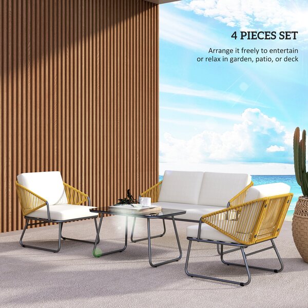 Outsunny 4 Piece Rattan Garden Furniture Set, Wicker Patio Outdoor Furniture Set with Armchairs, Cushions for Conservatory, Balcony, Natural Wood