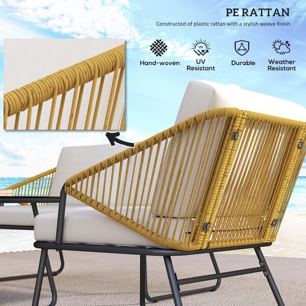Outsunny 4 Piece Rattan Garden Furniture Set, Wicker Patio Outdoor Furniture Set with Armchairs, Cushions for Conservatory, Balcony, Natural Wood