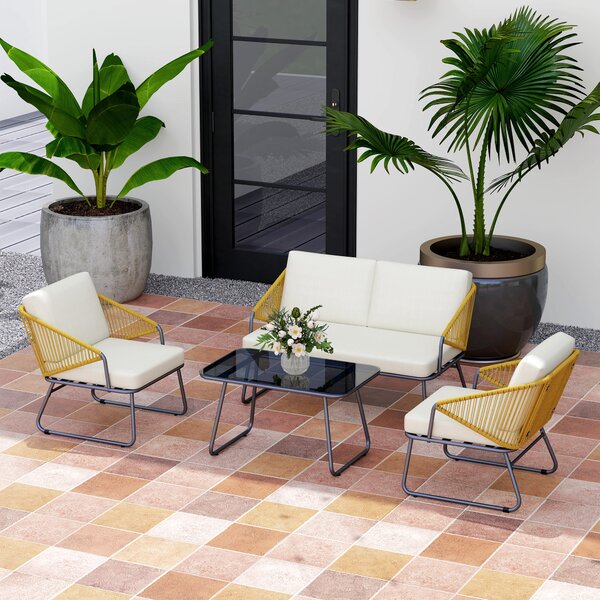 Outsunny 4 Piece Rattan Garden Furniture Set, Wicker Patio Outdoor Furniture Set with Armchairs, Cushions for Conservatory, Balcony, Natural Wood