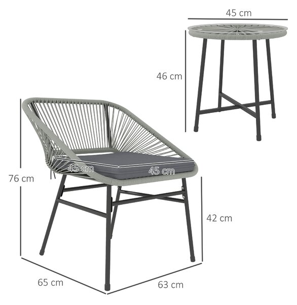 Outsunny 3 Pieces Rattan Bistro Set, Wicker Small Garden Table and Chairs Set with Cushions and Glass Top for Outdoor, Patio, Balcony, Light Grey
