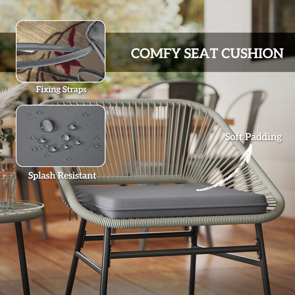 Outsunny 3 Pieces Rattan Bistro Set, Wicker Small Garden Table and Chairs Set with Cushions and Glass Top for Outdoor, Patio, Balcony, Light Grey