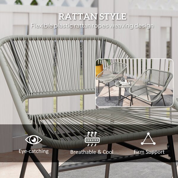 Outsunny 3 Pieces Rattan Bistro Set, Wicker Small Garden Table and Chairs Set with Cushions and Glass Top for Outdoor, Patio, Balcony, Light Grey