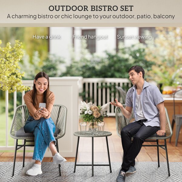 Outsunny 3 Pieces Rattan Bistro Set, Wicker Small Garden Table and Chairs Set with Cushions and Glass Top for Outdoor, Patio, Balcony, Light Grey
