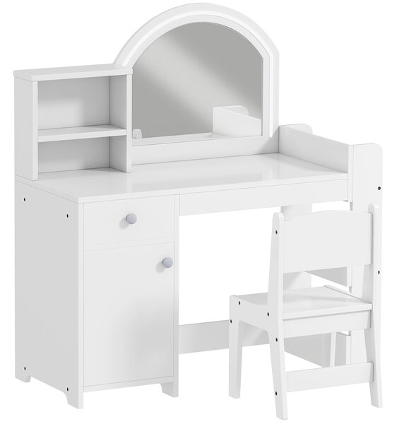 AIYAPLAY Kids Vanity Table and Chair Set, Girls Dressing Table with 2-Colour LED Mirror, Stool, Cabinet, Drawer, Shelves, White