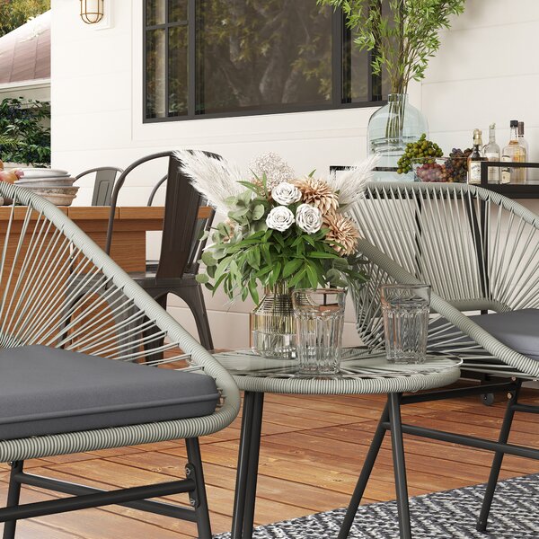 Outsunny 3 Pieces Rattan Bistro Set, Wicker Small Garden Table and Chairs Set with Cushions and Glass Top for Outdoor, Patio, Balcony, Light Grey
