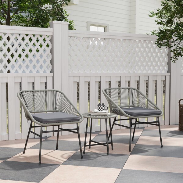 Outsunny 3 Pieces Rattan Bistro Set, Wicker Small Garden Table and Chairs Set with Cushions and Glass Top for Outdoor, Patio, Balcony, Light Grey