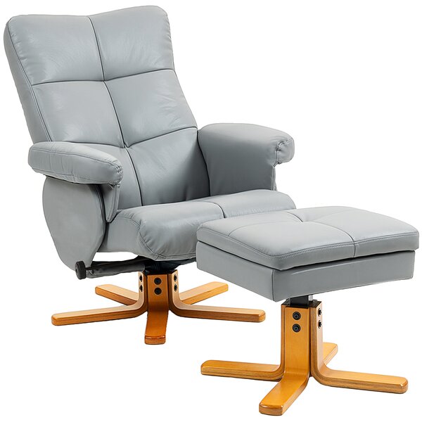 HOMCOM PU Leather Swivel Recliner Chair with Footstool, Wooden Base and Storage, Light Grey Aosom UK