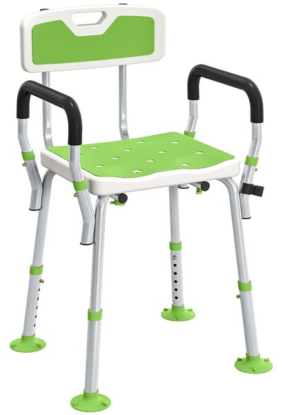 HOMCOM EVA Padded Shower Chair for the Elderly and Disabled, Height Adjustable Shower Stool with Back and Arms, 4 Suction Foot Pads, Green