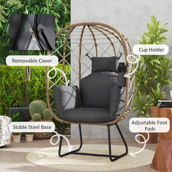 Outsunny Rattan Egg Chair Outdoor Indoor Wicker Chair with Thickened Cushion and Headrest, Cup Holder, Metal Frame for Patio, Balcony, Brown