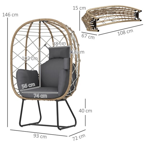 Outsunny Rattan Egg Chair Outdoor Indoor Wicker Chair with Thickened Cushion and Headrest, Cup Holder, Metal Frame for Patio, Balcony, Brown