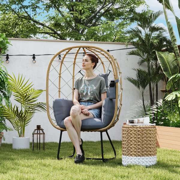 Outsunny Rattan Egg Chair Outdoor Indoor Wicker Chair with Thickened Cushion and Headrest, Cup Holder, Metal Frame for Patio, Balcony, Brown