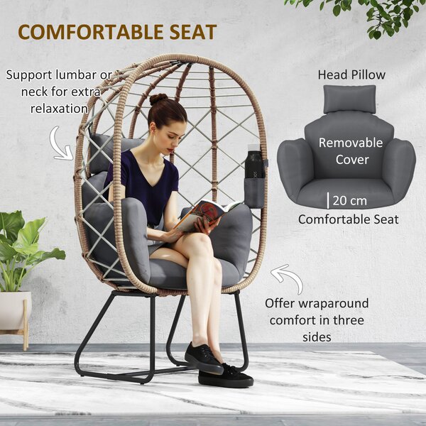 Outsunny Rattan Egg Chair Outdoor Indoor Wicker Chair with Thickened Cushion and Headrest, Cup Holder, Metal Frame for Patio, Balcony, Brown