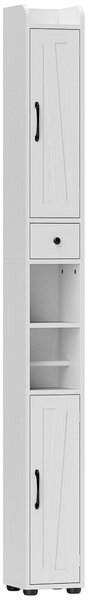 HOMCOM Tall Bathroom Cabinet, Farmhouse Slim Bathroom Storage Cabinet with Barn Doors, Toilet Paper Roll Holder, Drawer and Adjustable Shelves, Narrow Bathroom Storage Unit, 20 x 20 x 185cm, White