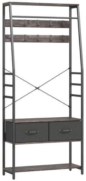 HOMCOM Coat Rack with Shoe Storage, Hall Tree, Industrial Coat Stand with Shoe Bench, 10 Removable Hooks, 2 Fabric Drawers and Clothes Rail for Entryway, Hallway, Grey