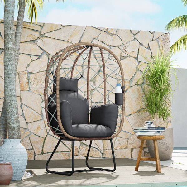 Outsunny Rattan Egg Chair Outdoor Indoor Wicker Chair with Thickened Cushion and Headrest, Cup Holder, Metal Frame for Patio, Balcony, Brown