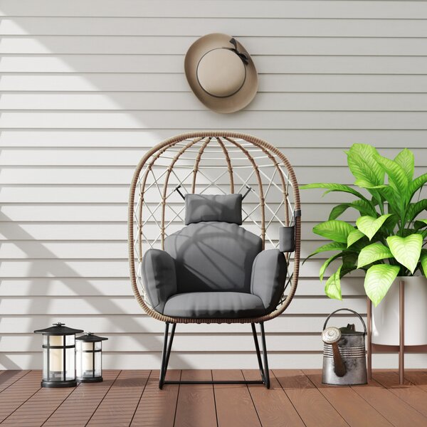 Outsunny Rattan Egg Chair Outdoor Indoor Wicker Chair with Thickened Cushion and Headrest, Cup Holder, Metal Frame for Patio, Balcony, Brown