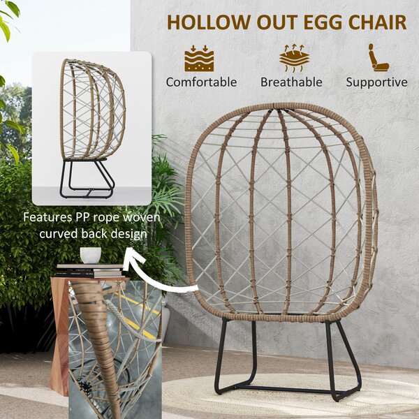 Outsunny Rattan Egg Chair Outdoor Indoor Wicker Chair with Thickened Cushion and Headrest, Cup Holder, Metal Frame for Patio, Balcony, Brown