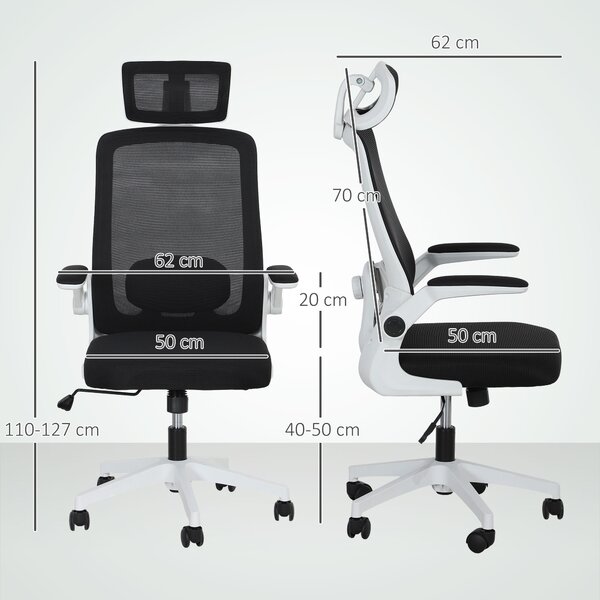 HOMCOM Home Office Chair, High-Back Desk Chair with Mesh, Flip Up Arms & Rotating Headrest for Long-time Work, Black Aosom UK