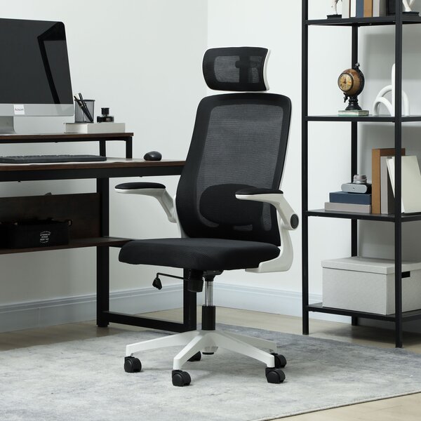 HOMCOM Home Office Chair, High-Back Desk Chair with Mesh, Flip Up Arms & Rotating Headrest for Long-time Work, Black Aosom UK