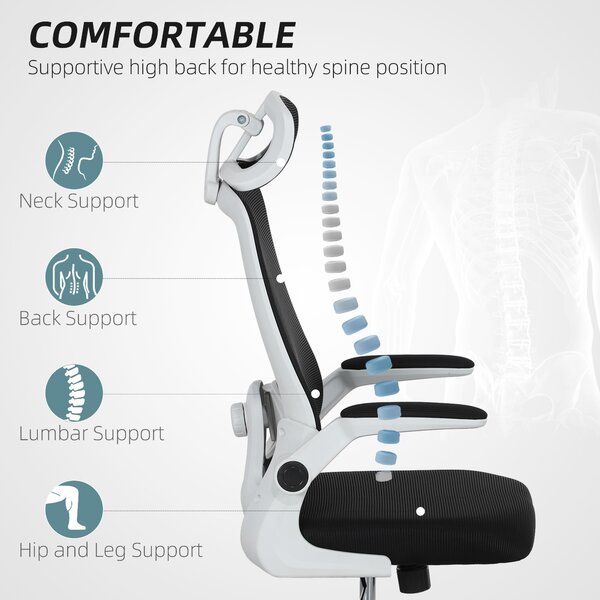 HOMCOM Home Office Chair, High-Back Desk Chair with Mesh, Flip Up Arms & Rotating Headrest for Long-time Work, Black Aosom UK