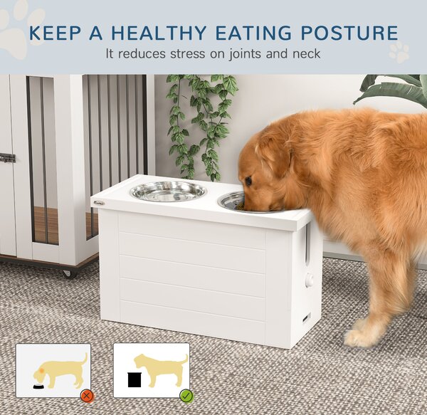 PawHut Raised Dog Bowls w/ Slow Feeder Mat, Storage Cabinet, 3 Stainless Steel Bowls, Semi-Auto Dispenser Function, White