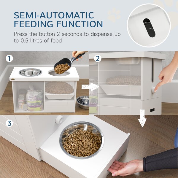 PawHut Raised Dog Bowls w/ Slow Feeder Mat, Storage Cabinet, 3 Stainless Steel Bowls, Semi-Auto Dispenser Function, White