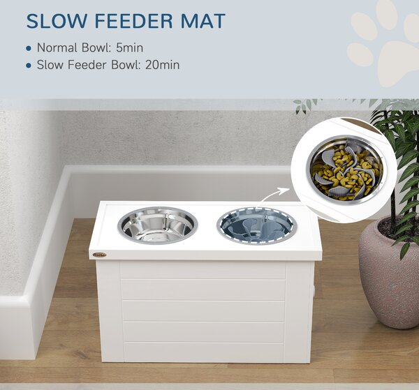 PawHut Raised Dog Bowls w/ Slow Feeder Mat, Storage Cabinet, 3 Stainless Steel Bowls, Semi-Auto Dispenser Function, White