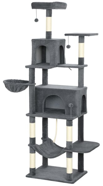 PawHut 202cm Large Cat Tree with 6 Scratching Posts, 2 Hammocks, 2 Condos, 2 Perches, Pompoms, for Indoor Cats to Rest and Play
