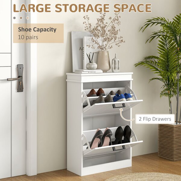 HOMCOM Shoe Storage Cupboard with Two-Drawer, Minimalistic Shoe Storage Cabinet for 10 Shoes, White Aosom UK