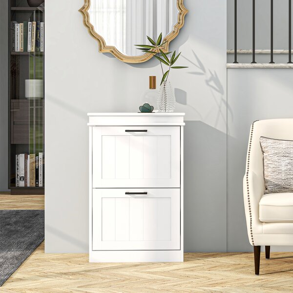 HOMCOM Shoe Storage Cupboard with Two-Drawer, Minimalistic Shoe Storage Cabinet for 10 Shoes, White Aosom UK