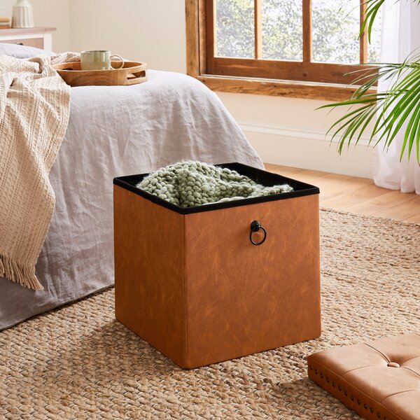 Faux Leather Cube Ottoman, Tan