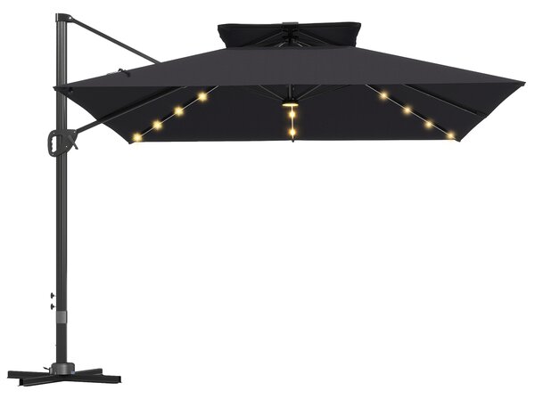 Outsunny 3.5x3 m Garden Cantilever Parasol with Solar LED Lights and Centre Light, Aluminium Large Square Patio Umbrella, UPF50+ Hanging Sun Shade with Cross Base, Crank Handle and Tilt, Black