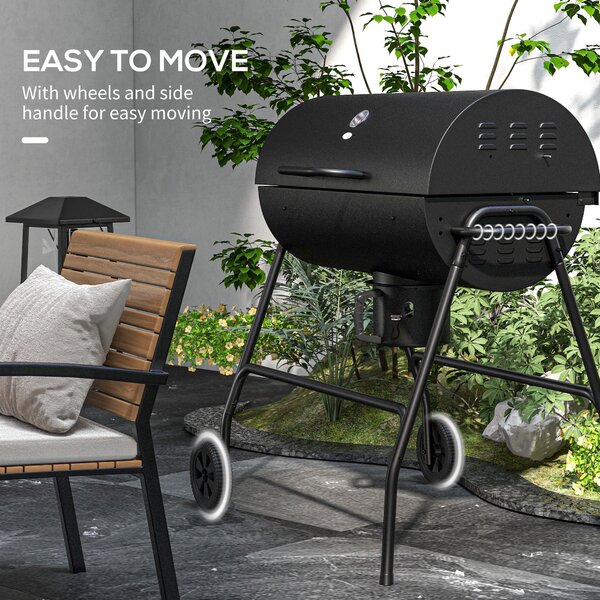 Outsunny Outdoor Wheeled Barrel Charcoal Barbecue Grill Trolley, Black Aosom UK