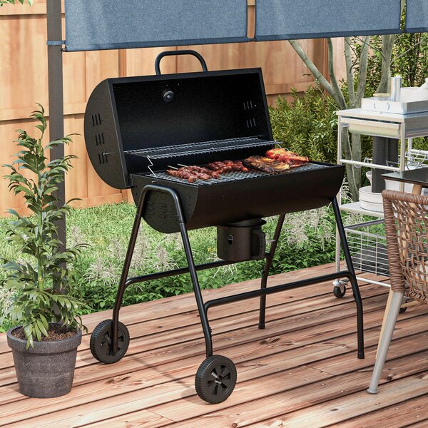 Outsunny Outdoor Wheeled Barrel Charcoal Barbecue Grill Trolley, Black Aosom UK