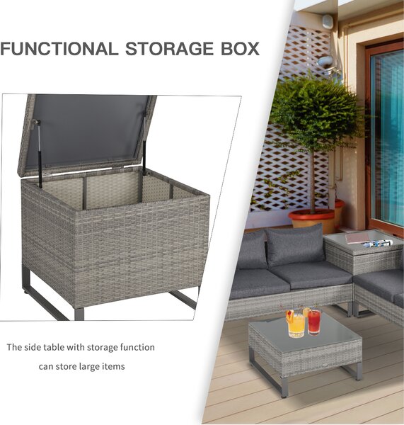 Outsunny 4-Seater PE Rattan Sofa Set Wicker Garden Furniture Outdoor Conservatory Furniture Coffee Table w/ Side Storage Box & Cushion, Grey