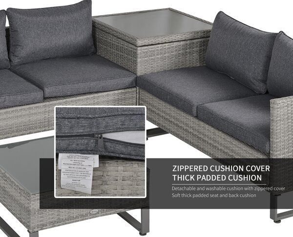 Outsunny 4-Seater PE Rattan Sofa Set Wicker Garden Furniture Outdoor Conservatory Furniture Coffee Table w/ Side Storage Box & Cushion, Grey