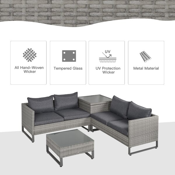 Outsunny 4-Seater PE Rattan Sofa Set Wicker Garden Furniture Outdoor Conservatory Furniture Coffee Table w/ Side Storage Box & Cushion, Grey