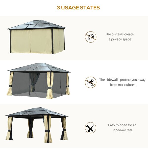 Outsunny 4 x 3.6(m) Hardtop Gazebo Canopy with Polycarbonate Roof and Aluminium Frame, Garden Pavilion with Mosquito Netting and Curtains
