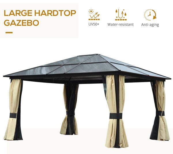 Outsunny 4 x 3.6(m) Hardtop Gazebo Canopy with Polycarbonate Roof and Aluminium Frame, Garden Pavilion with Mosquito Netting and Curtains
