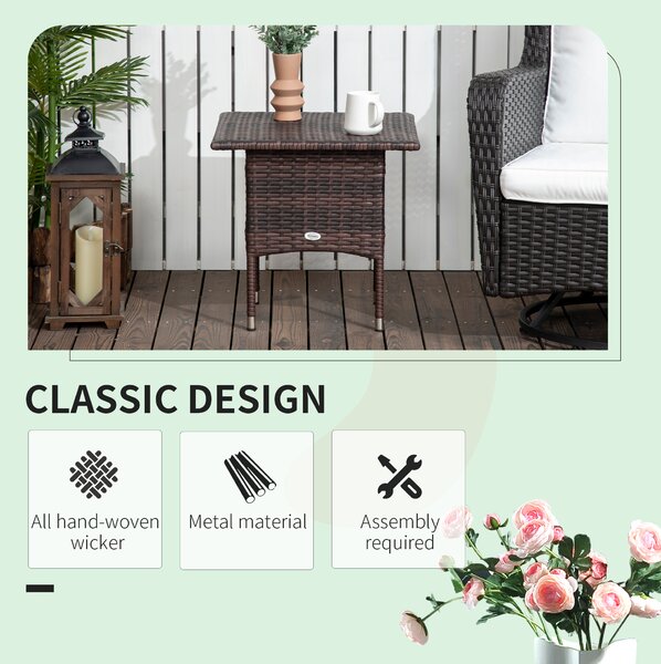 Outsunny Outdoor Rattan Side Table Coffee Table with Plastic Board, Full Woven Table Top for Patio, Garden, Balcony, Mixed Brown