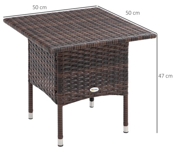 Outsunny Outdoor Rattan Side Table Coffee Table with Plastic Board, Full Woven Table Top for Patio, Garden, Balcony, Mixed Brown