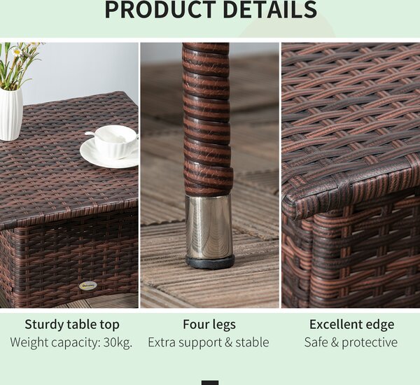 Outsunny Outdoor Rattan Side Table Coffee Table with Plastic Board, Full Woven Table Top for Patio, Garden, Balcony, Mixed Brown
