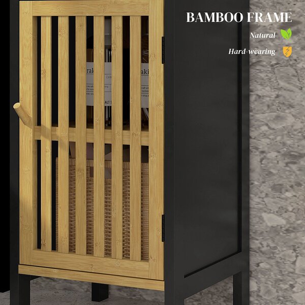 HOMCOM Slim Bathroom Storage Cabinet, Small Bamboo Bathroom Cabinet with Open Compartment and Adjustable Shelf, Black Aosom UK