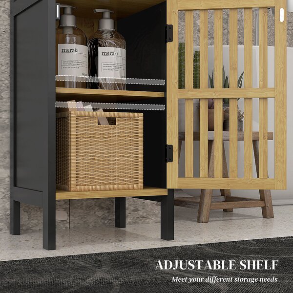 HOMCOM Slim Bathroom Storage Cabinet, Small Bamboo Bathroom Cabinet with Open Compartment and Adjustable Shelf, Black Aosom UK