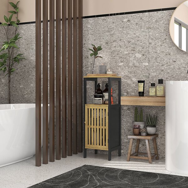 HOMCOM Slim Bathroom Storage Cabinet, Small Bamboo Bathroom Cabinet with Open Compartment and Adjustable Shelf, Black Aosom UK